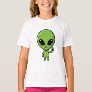 Chibi-grüner Außerirdischer Friedenszeichen Kinder T-Shirt
