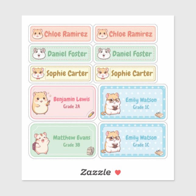 Chibi Hamster Name Labels - Pastel School Stickers (Blatt)