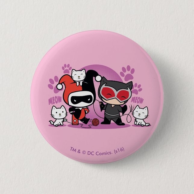 Chibi Harley Quinn & Chibi Catfrau mit Katzen Button (Vorderseite)