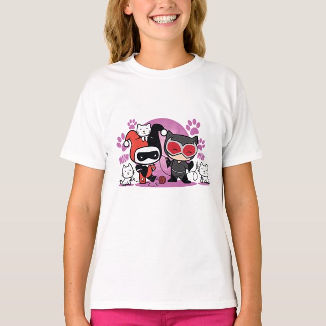 Chibi Harley Quinn & Chibi Catwoman mit Katzen T-Shirt (Vorderseite)