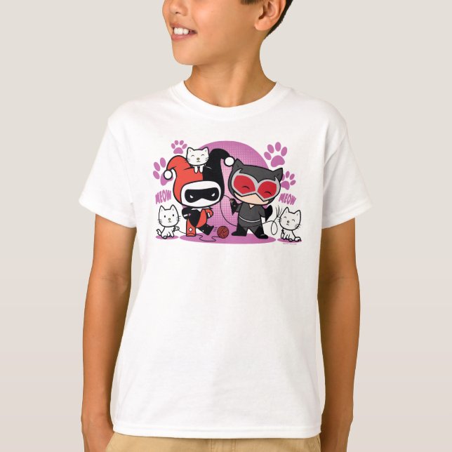 Chibi Harley Quinn & Chibi Catwoman mit Katzen T-Shirt (Vorderseite)