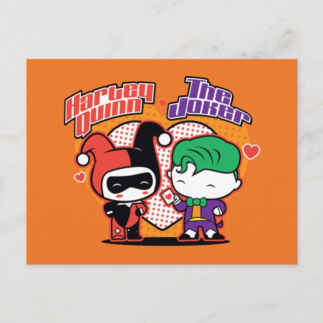 Chibi Harley Quinn & Chibi Joker Hearts Postkarte (Vorderseite)