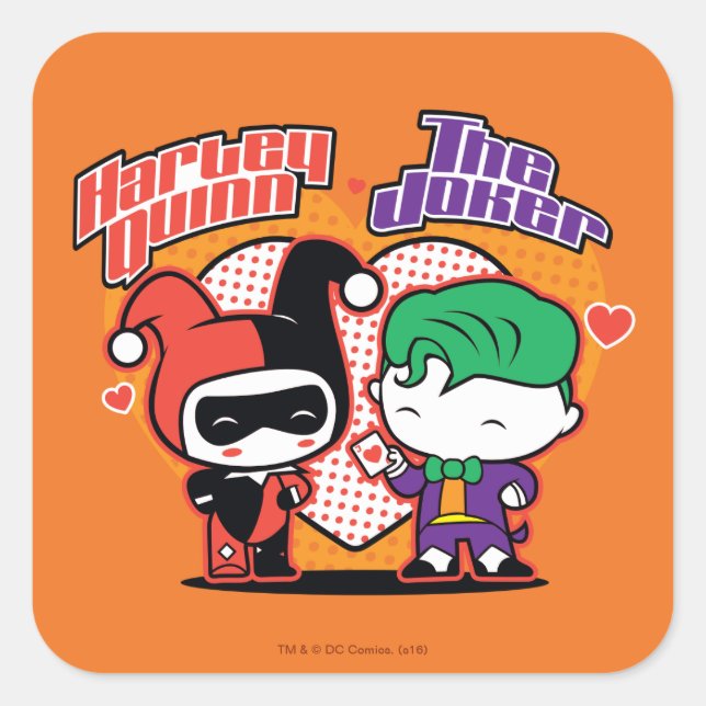 Chibi Harley Quinn & Chibi Joker Hearts Quadratischer Aufkleber (Vorderseite)