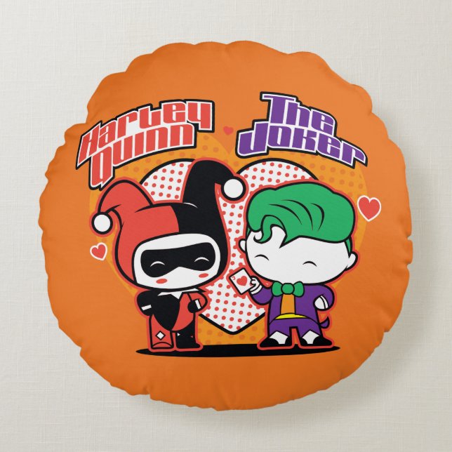 Chibi Harley Quinn & Chibi Joker Hearts Rundes Kissen (Vorderseite)