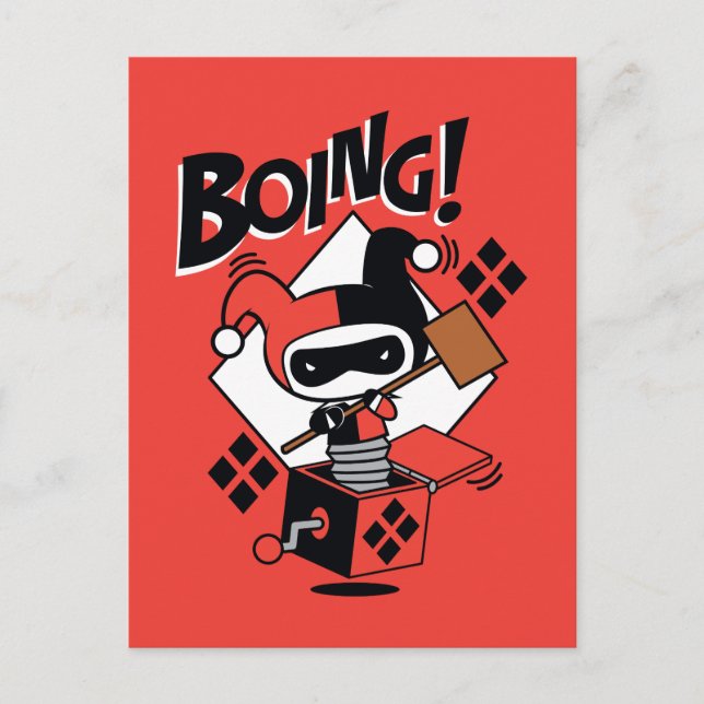 Chibi Harley-Quinn-in-A-Box mit Hammer Postkarte (Vorderseite)