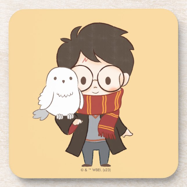Chibi HARRY POTTER™ & Hedwig Getränkeuntersetzer (Vorderseite)