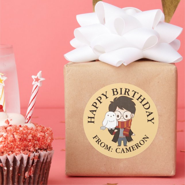 Chibi HARRY POTTER™ & Hedwig | Happy Birthday Runder Aufkleber (Party)