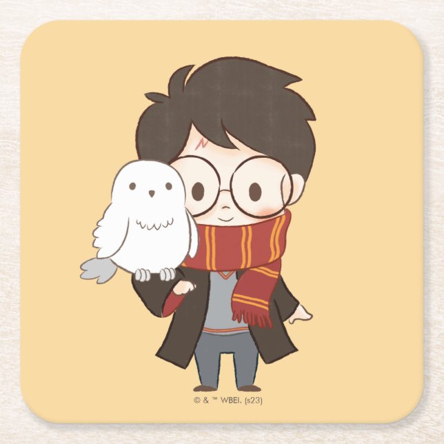 Chibi HARRY POTTER™ & Hedwig Rechteckiger Pappuntersetzer (Vorderseite)
