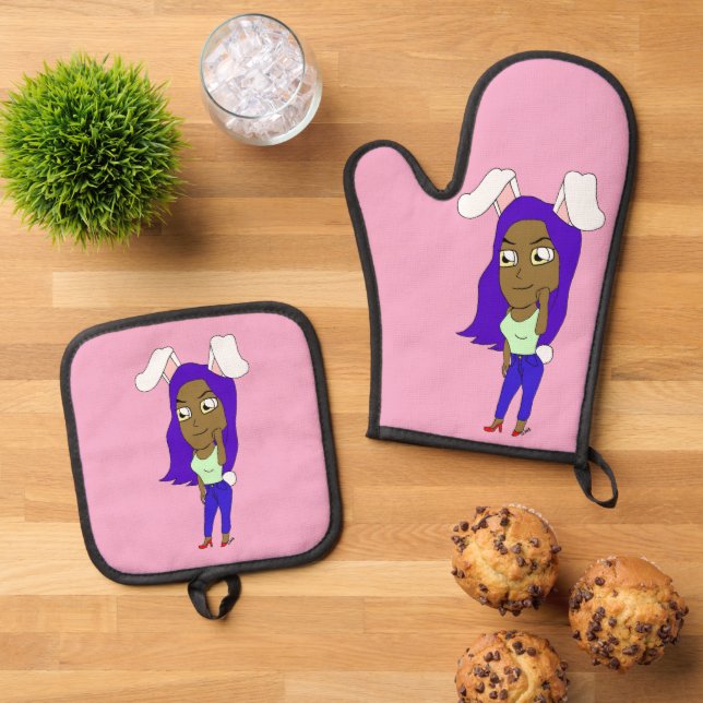 Chibi-Häschen-Mädchen Ofenhandschuh & Topflappen-Set (Oben Unten)