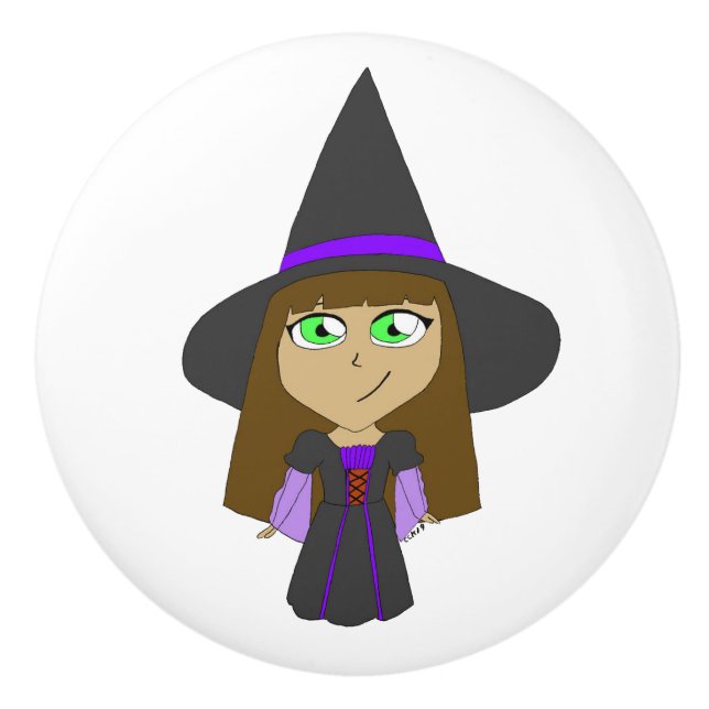 Chibi-Hexe Keramikknauf (Vorderseite)