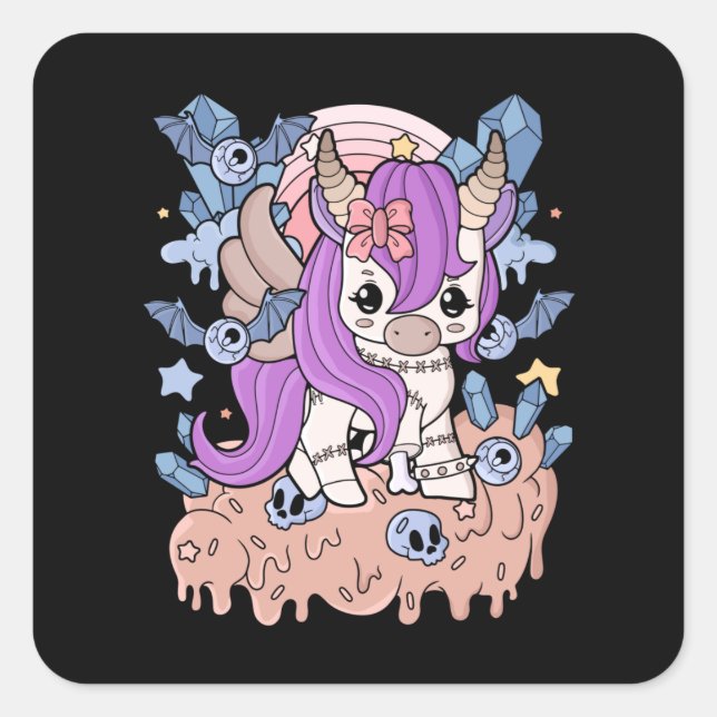 Chibi Horror Unicorn Creepy Kawaii Gift Pastel Quadratischer Aufkleber (Vorderseite)