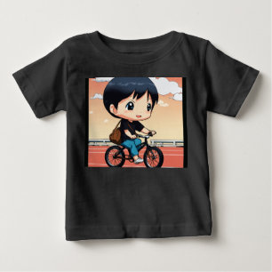 Chibi-Japanischer Mann auf Fahrrad in schwarzem T- Baby T-shirt