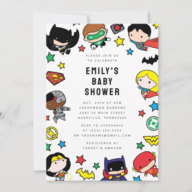 Chibi Justice League Baby Shower Einladung (Vorderseite)