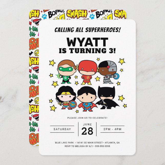 Chibi Justice League Birthday Einladung (Vorne/Hinten)