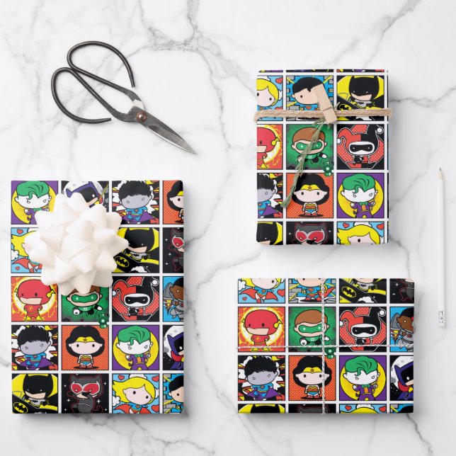 Chibi Justice League Character Pattern Geschenkpapier Set (Vorderseite)