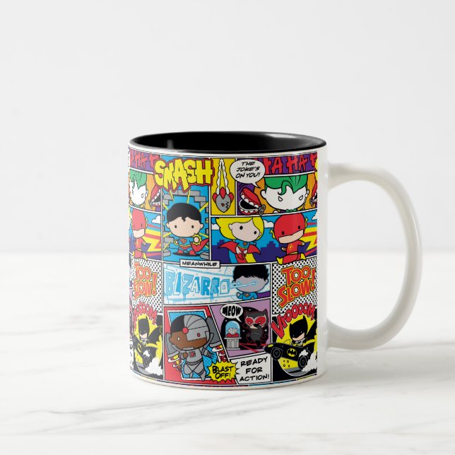 Chibi Justice League Comic Book Pattern Zweifarbige Tasse (Rechts)
