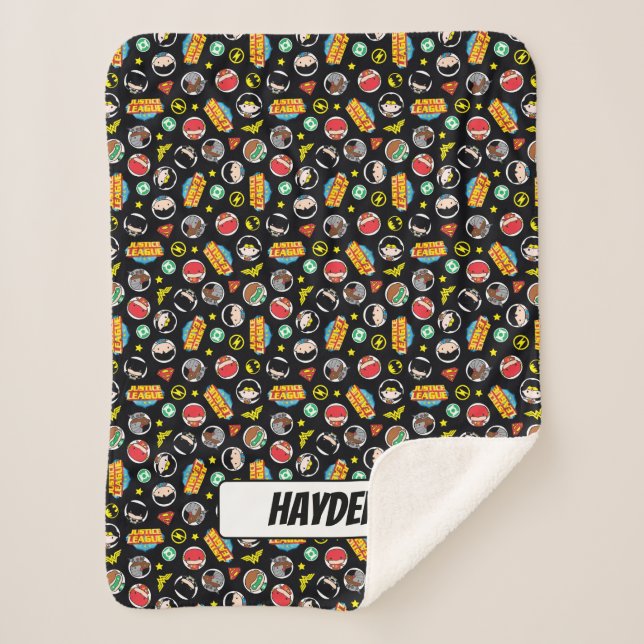 Chibi Justice League Heroes and Logos Pattern Sherpadecke (Vorderseite)