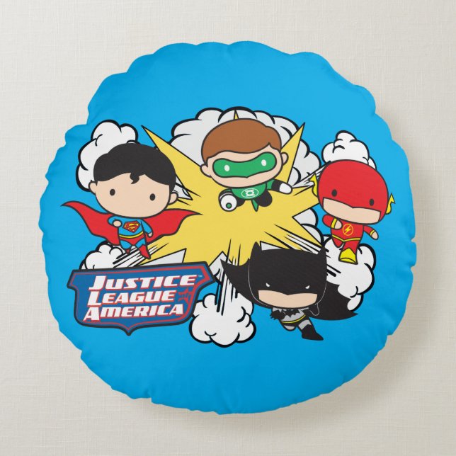Chibi Justice League of America Explosion Rundes Kissen (Vorderseite)