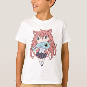 Chibi Katzen-Mädchen mit Baby Narwal T-Shirt