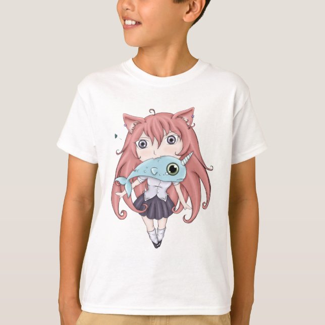 Chibi Katzen-Mädchen mit Baby Narwal T-Shirt (Vorderseite)