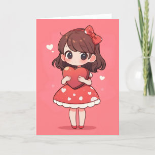 Chibi Kawaii Anime Girl and Heart Feiertagskarte