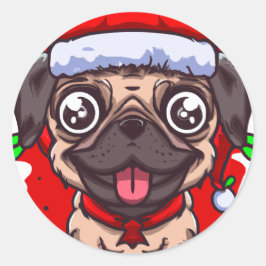 Chibi Kawaii Dog Mops Weihnachtsaufkleber Runder Aufkleber