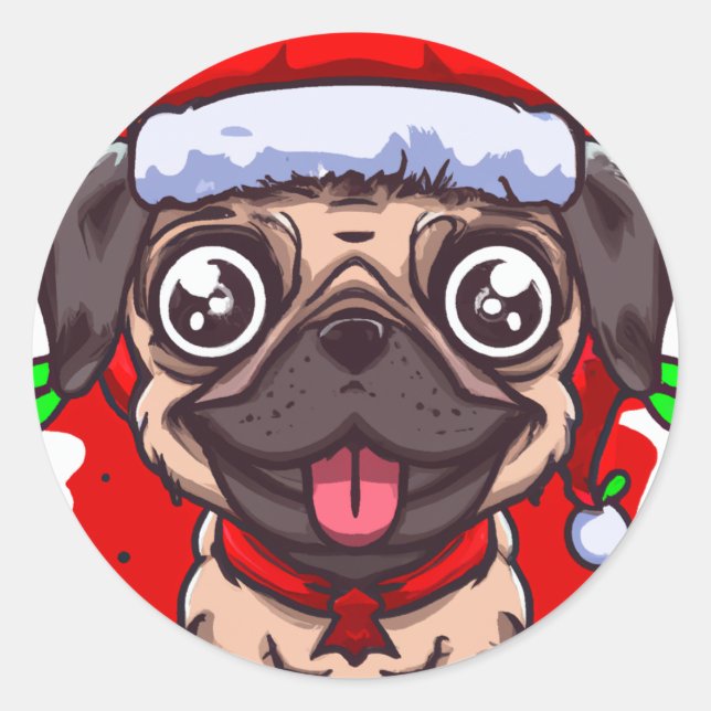 Chibi Kawaii Dog Mops Weihnachtsaufkleber Runder Aufkleber (Vorderseite)