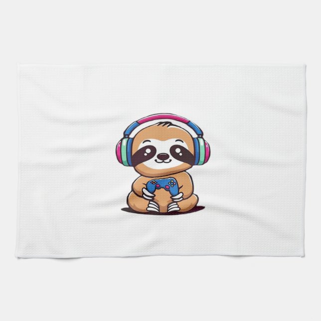 Chibi Kawaii Sloth Gamer � Cute Funny Animal with  Geschirrtuch (Horizontal)