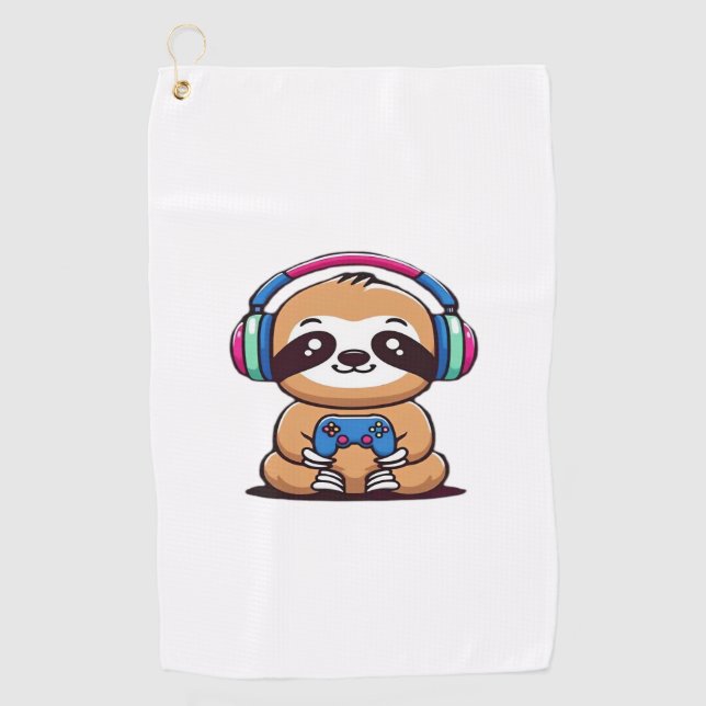 Chibi Kawaii Sloth Gamer - Niedliches Sonnentier m Golfhandtuch (Vorderseite)
