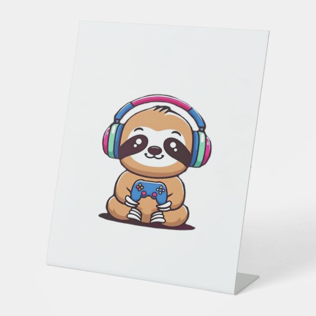 Chibi Kawaii Sloth Gamer - Niedliches Sonnentier m Sockelschild (Vorderseite)