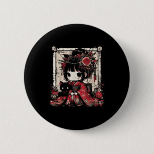 Chibi Kimono Girl Black Cat Blume Japanisch Art W Button