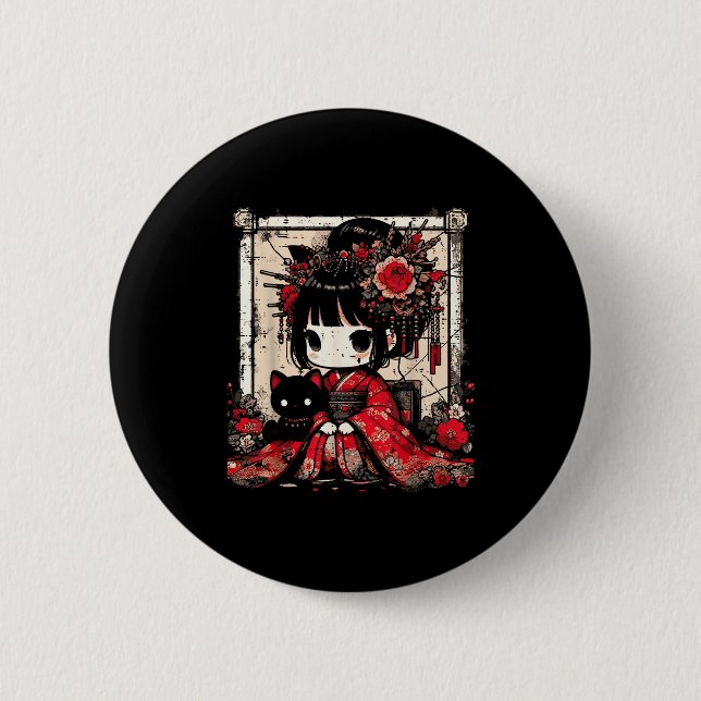 Chibi Kimono Girl Black Cat Flowers Japanese Art W Button (Vorderseite)