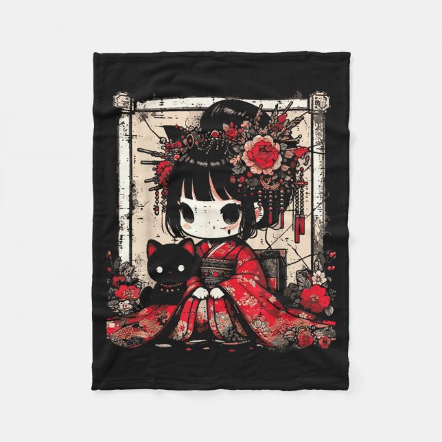 Chibi Kimono Girl Black Cat Flowers Japanese Art W Fleecedecke (Vorderseite)