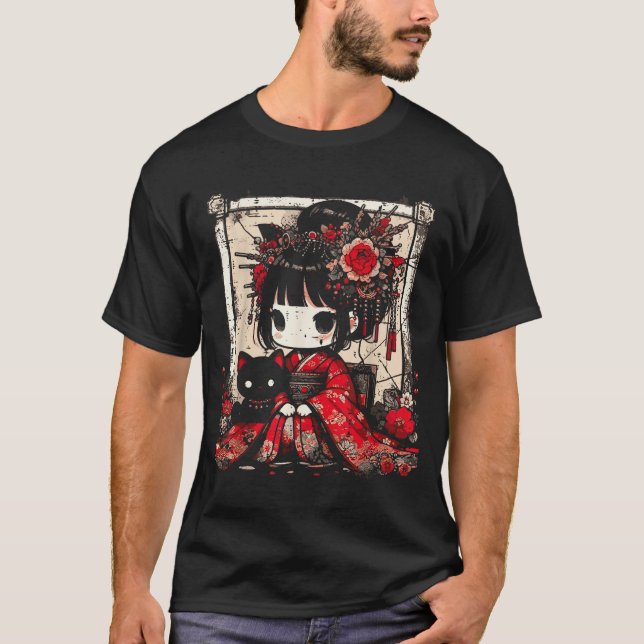 Chibi Kimono Girl Black Cat Flowers Japanese Art W T-Shirt (Vorderseite)