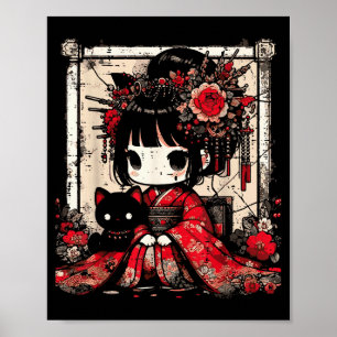 Chibi Kimono Mädchen Schwarze Katze Blumen Japanis Poster