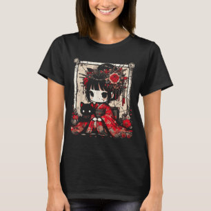 Chibi Kimono Mädchen Schwarze Katze Blumen Japanis T-Shirt