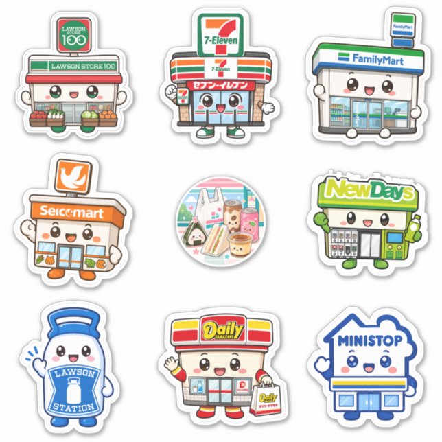 Chibi Konbini Japanische Snack Vinyl Aufkleber Set (Vorderseite)