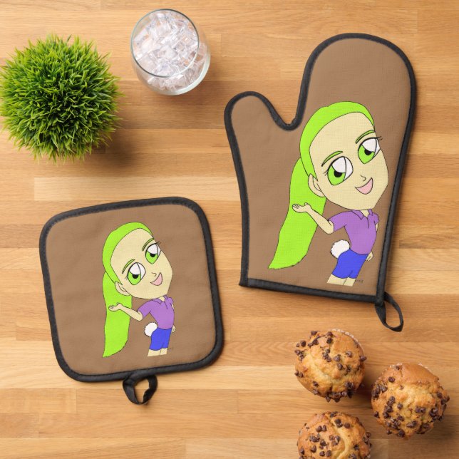 Chibi-Mädchen mit sonnigen Schwänzen Ofenhandschuh & Topflappen-Set (Oben Unten)