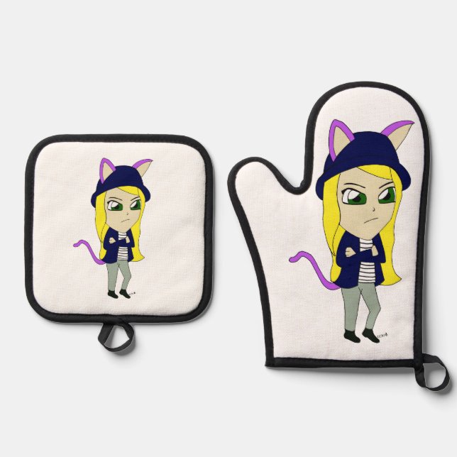 Chibi-Mädchen Ofenhandschuh & Topflappen-Set (Vorderseite)