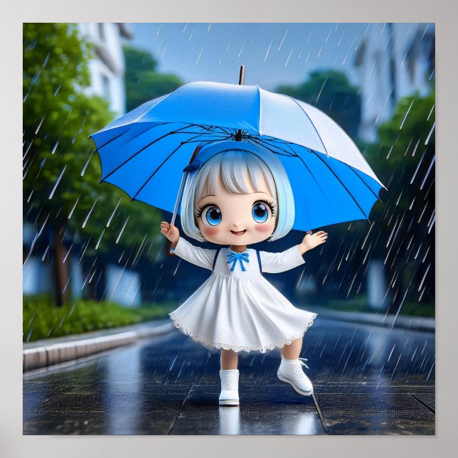 Chibi-Mädchen tanzt im Regen Poster (Vorne)