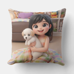 Chibi-Mädchen umarmt weißen Welpen Wurfkissen Kissen