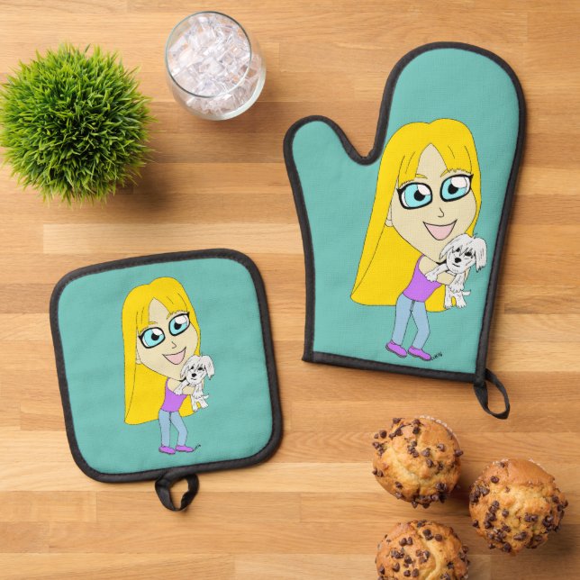 Chibi mit einem Jungtier Ofenhandschuh & Topflappen-Set (Oben Unten)