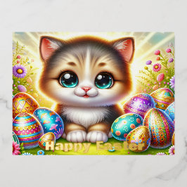 Chibi Osterkatze Postkarte mit Goldfolie Akzenten