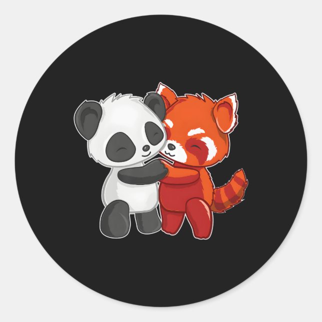 Chibi Panda Bear Hugs Red Panda Runder Aufkleber (Vorderseite)
