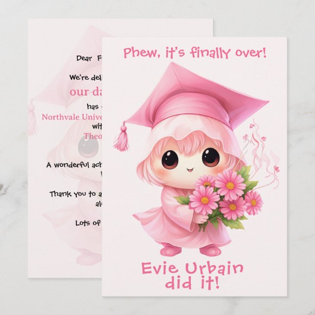 🎓Chibi Pink Feier Abschlussankündigung Einladung (Vorne/Hinten)