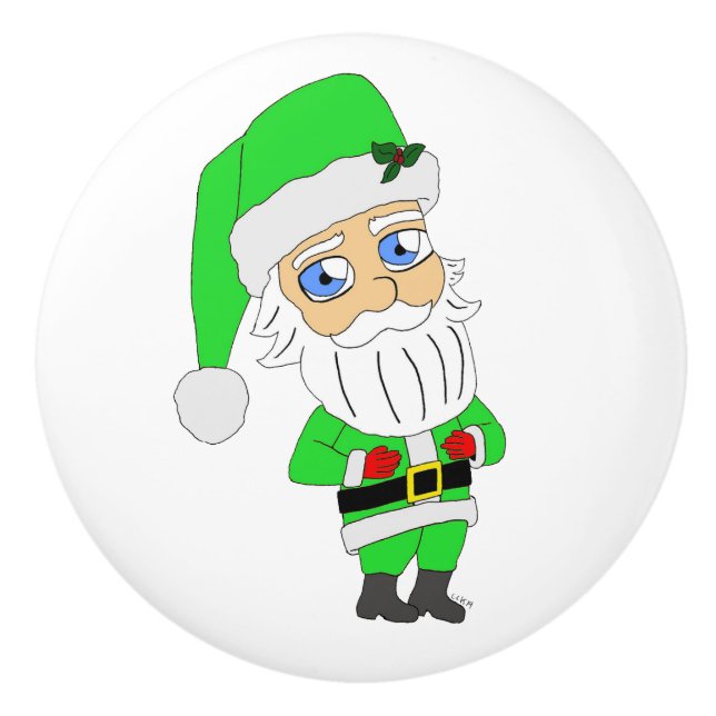 Chibi Santa green suit Keramikknauf (Vorderseite)