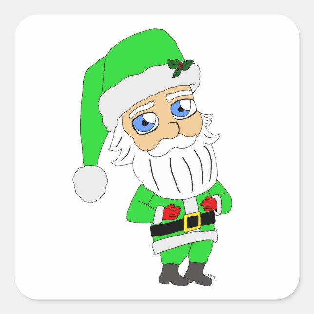 Chibi Santa green suit Quadratischer Aufkleber (Vorderseite)