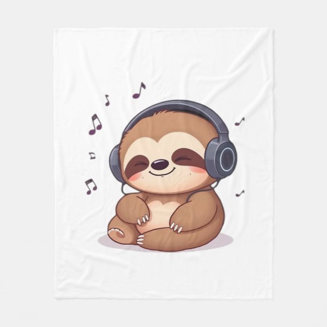 Chibi Sloth with Headphones � Cute Kawaii Relaxing Fleecedecke (Vorderseite)
