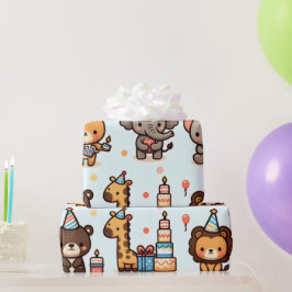 Chibi Style Animals in Birthday Hats Wrapping Pape Geschenkpapier