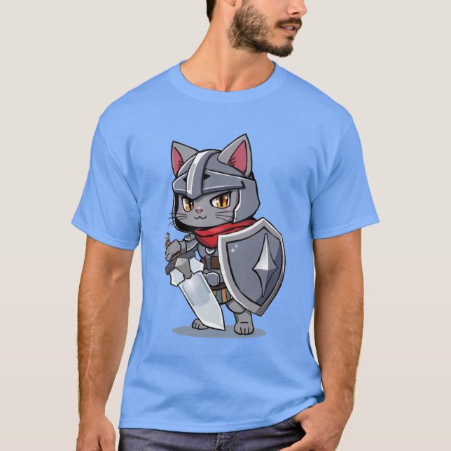 Chibi Style Medieval Cat Swordsman T-Shirt (Vorderseite)